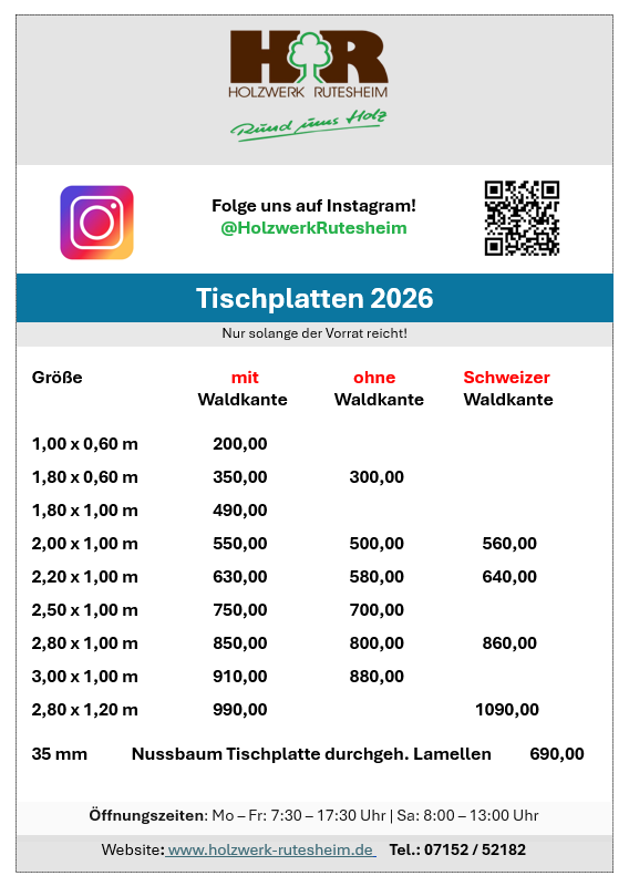Tischplattenangebote Holzwerk Rutesheim Mai 2026