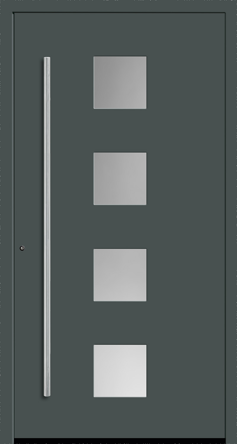 Graue Haustür mit vier quadratischen Glaseinsätzen und langem senkrechtem Edelstahl-Stangengriff
