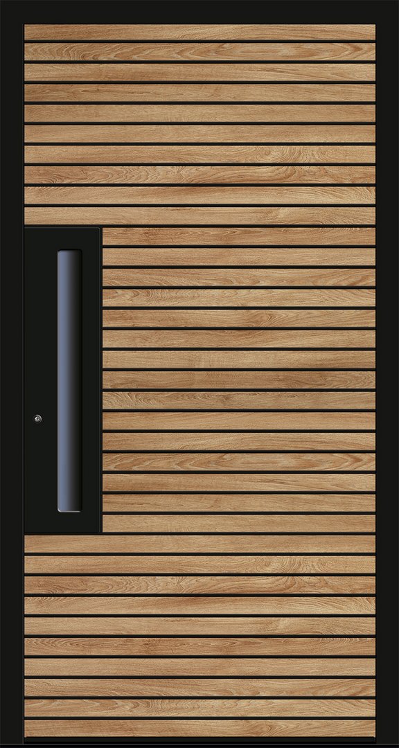 Schwarze Haustür mit horizontal angeordneten Holzlamellen in Eichenoptik und breitem schwarzem Griff