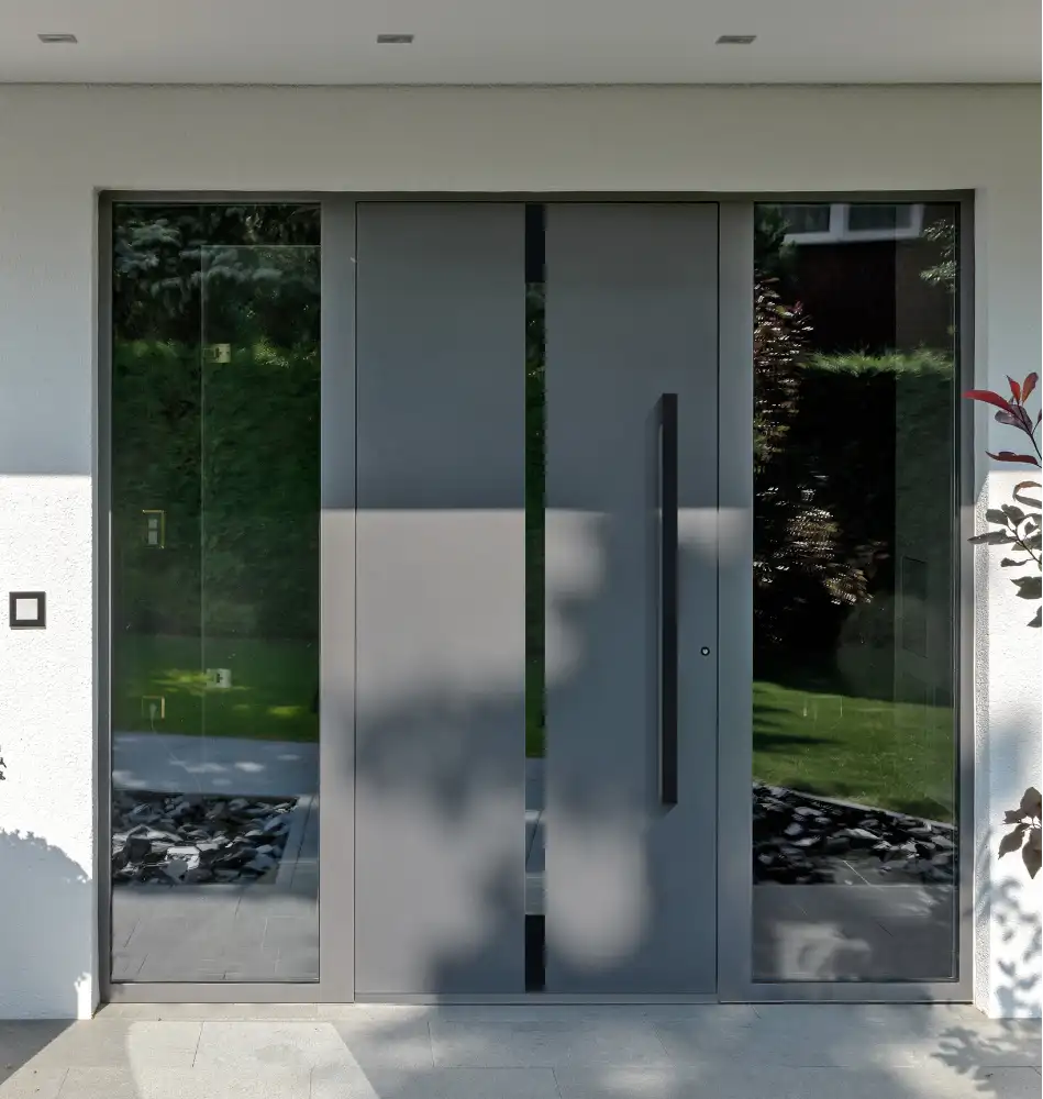 Graue Haustür mit langem schwarzem Griff und zwei großen seitlichen Glaselementen