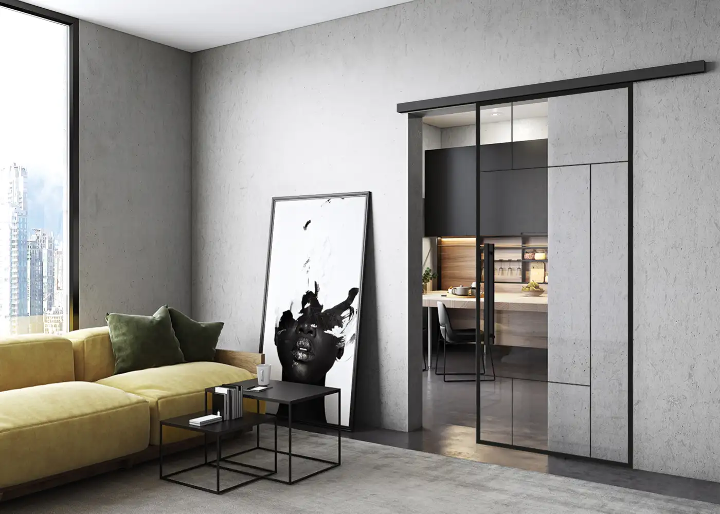 Transparente Glasschiebetür mit schwarzem Rahmen und geometrischer Sprossenteilung in modernem Wohnraum