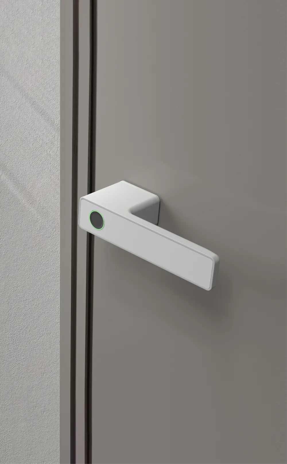 Weißer Griffwelt minimo Türgriff mit integriertem Fingerprint-Sensor und grün beleuchtetem Ring an grauer Tür