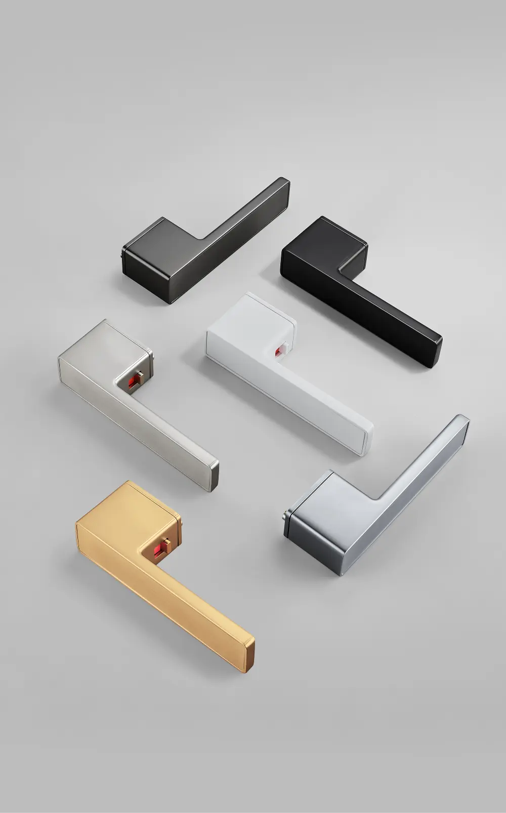 Sechs moderne Griffwelt minimo Q Türgriffe mit eckigem Design in Schwarz, Weiß, Silber, Grau und Gold