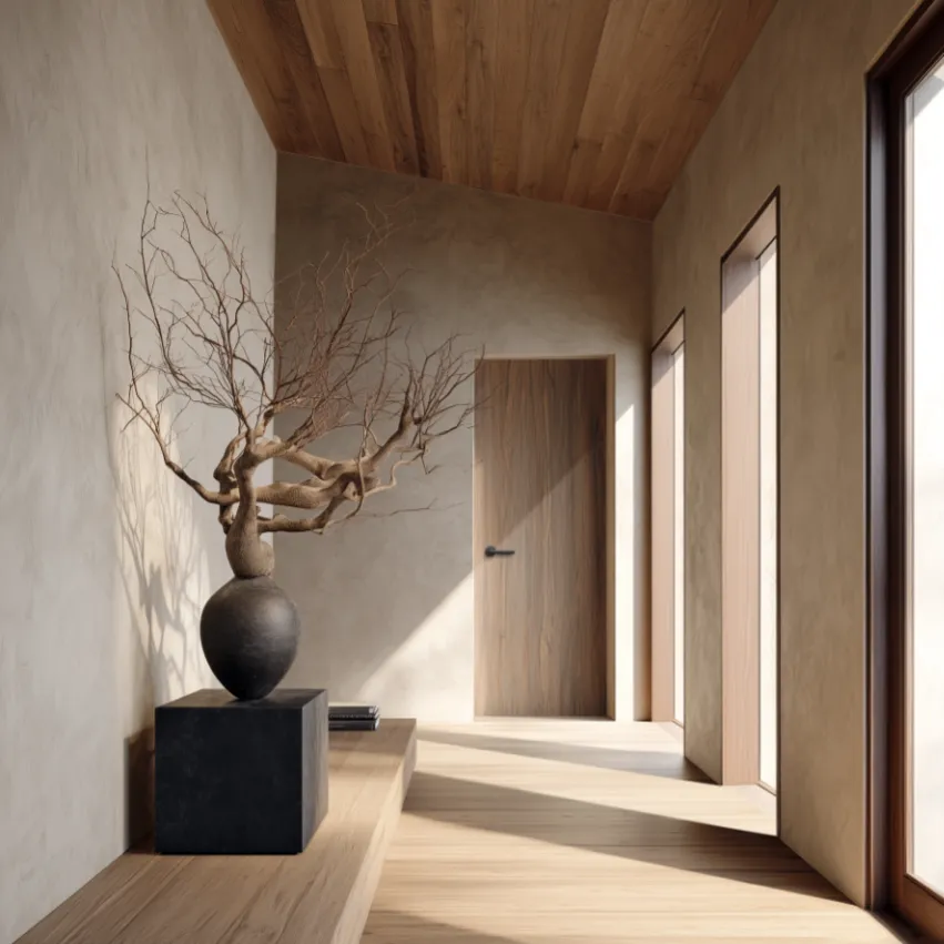 Heller, minimalistisch gestalteter Flur mit Holztür, schwarzem Türgriff und natürlicher Holzdecke