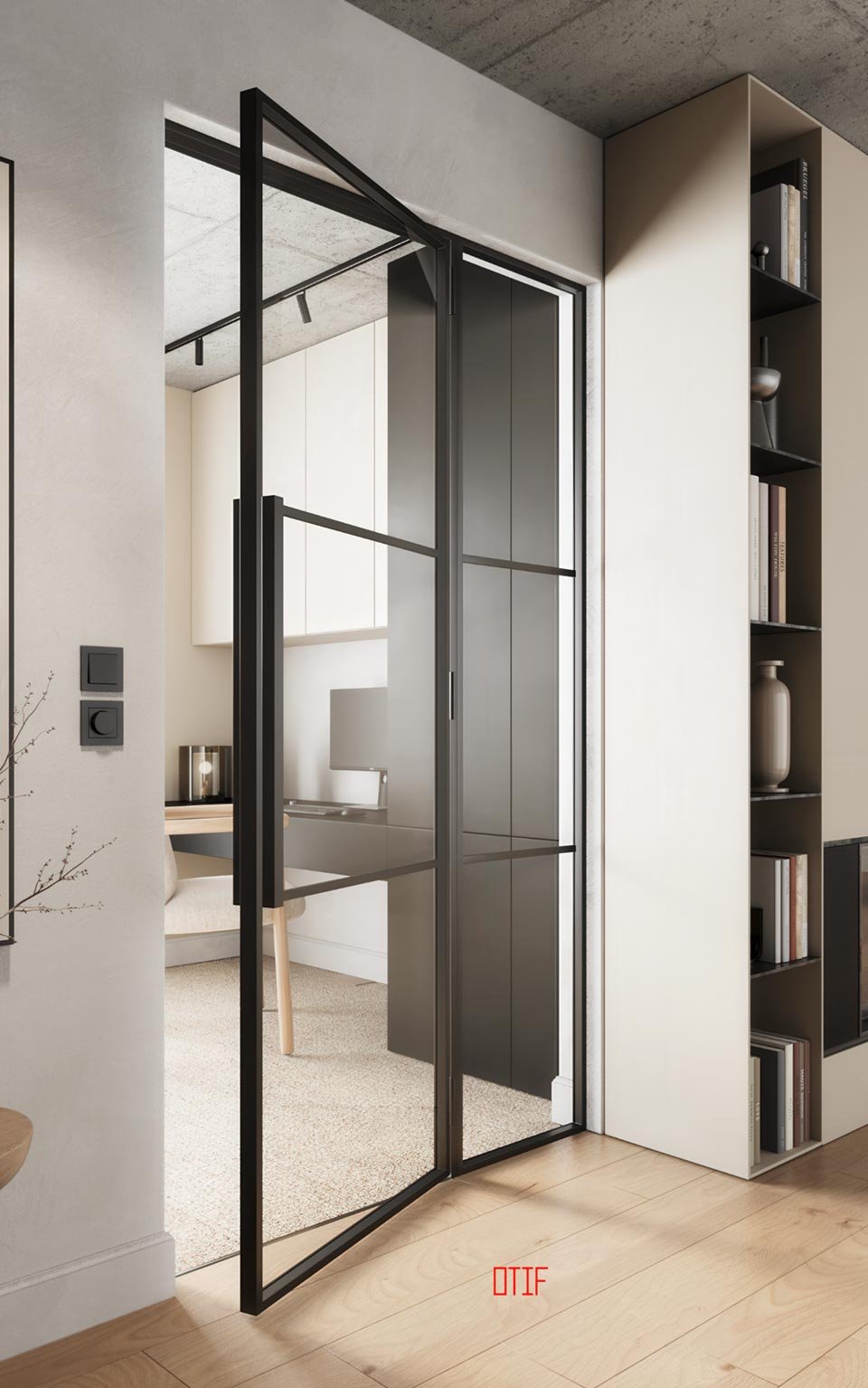 Eine schöne moderne Lofttür mit schwarzem Stahlrahmen