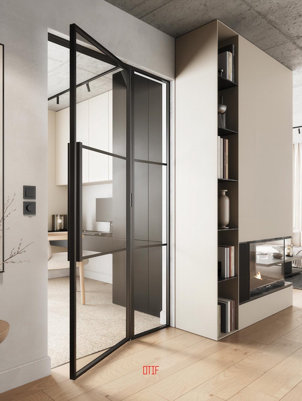 Eine schöne moderne Lofttür mit schwarzem Stahlrahmen