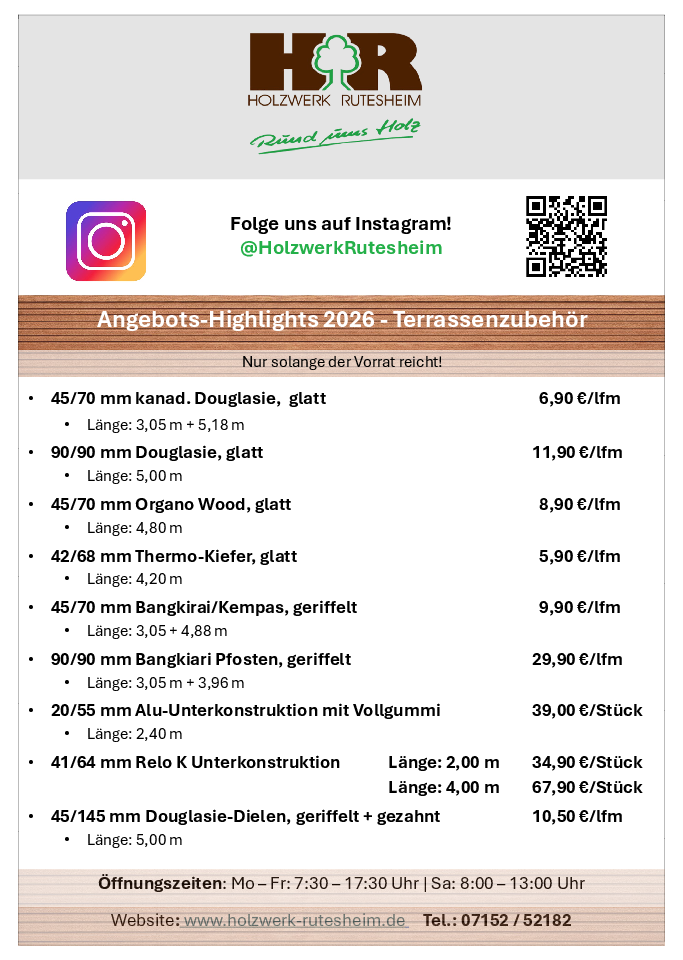 Angebote, Rabatte und Aktionen für Terrassenzubehör beim Holzwerk Rutesheim ab Juli 2026