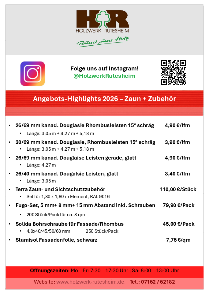Angebote, Rabatte und Aktionen für Zaun und Zubehör im Mai 2026 beim Holzwerk Rutesheim